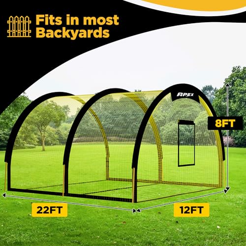 Apex Sports Portable 22ft x 12ft x 8ft Baseball & Softball Batting Cage with Pitching Machine Hole, 3ply 1.25'' Yellow Netting, Secure Steel Poles, 12.7MM Fibreglass Poles, Carry Bag Included