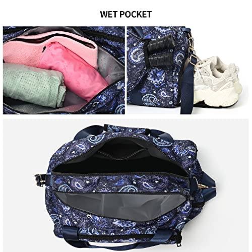 Boulder Bee Pickleball Bags, Premium Pickleball Tote Bag for Girls, Women’s Hand/Shoulder Gym Bag w Water Bottle Holder, with Pickleball Racquet/Paddle Holder - color: Duffel Bag-Blue cashew flower