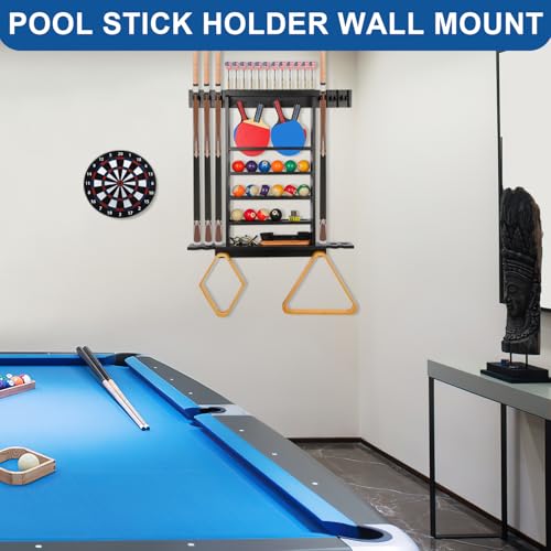Large Pool Stick Holder Wall Mount, Billiards Pool Cue Rack Ping Pong Paddle Holder, Dart Holder 3-IN-1, Wood Pool Cue Holder Pool Table Accessories Equipment Organizer for Game Room Men Cave- Black - size: Large