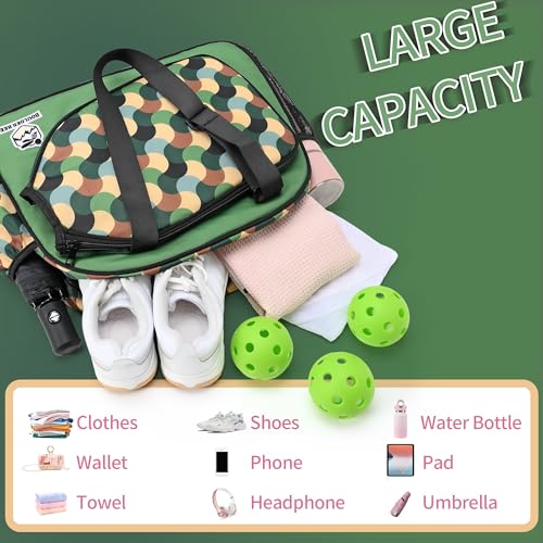 Boulder Bee Pickleball Bags, Premium Pickleball Tote Bag for Girls, Women’s Hand/Shoulder Gym Bag w Water Bottle Holder, with Pickleball Racquet/Paddle Holder - color: Green Wave