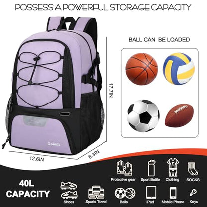 Goloni Basketball Backpack,Large Sports Bag with Ball Compartment & Shoe Compartment,Basketball Bag Fit Volleyball, soccer,Gym - color: Light Purple
