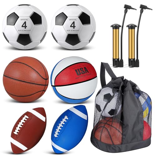 Lenwen 6 Pcs Sport Balls Set for Kids Teens, Include Official Size Basketball Football Soccer Ball with Sport Equipment Bags and Pumps Christmas Training Practice Gift Back to School - color: Vibrant Colors