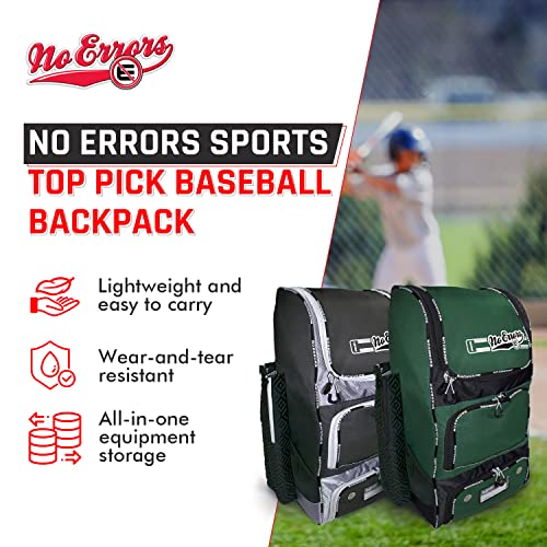 No Errors Top Pick Baseball Backpack for Kids - Heavy Duty Youth Baseball and Softball Bag with Fence Hooks - Dual Glove and Bat Compartments - color: Green