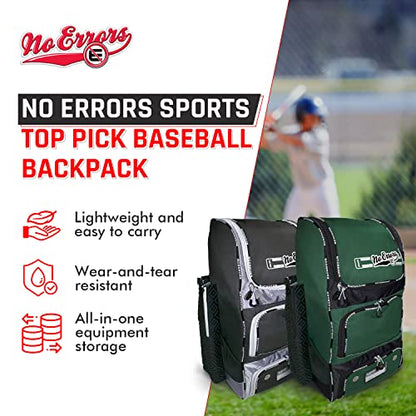 No Errors Top Pick Baseball Backpack for Kids - Heavy Duty Youth Baseball and Softball Bag with Fence Hooks - Dual Glove and Bat Compartments - color: Green