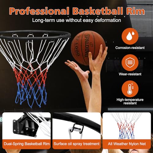 18" Basketball Rim Replacement, Wall Door Mounted Basketball Rim, Double Spring Solid Basketball Rim Replacement with Net Fits In-Ground & Wall-Mounted Basketball Hoops, Indoor/Outdoor - color: Black