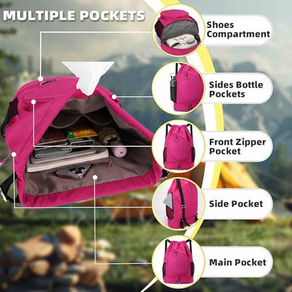 Sports Drawstring Backpack, Badminton Gym Bag Holds 2 Rackets with Shoe Compartment, Off-work, Everyday & Overnight Weekend - color: Fuchsia