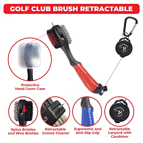 Retractable Golf Club Brush | Oversize Double Brush & Ergonomic Grip & Retractable Groove Cleaner & Lanyard - color: Red