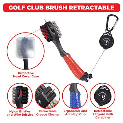 Retractable Golf Club Brush | Oversize Double Brush & Ergonomic Grip & Retractable Groove Cleaner & Lanyard - color: Red