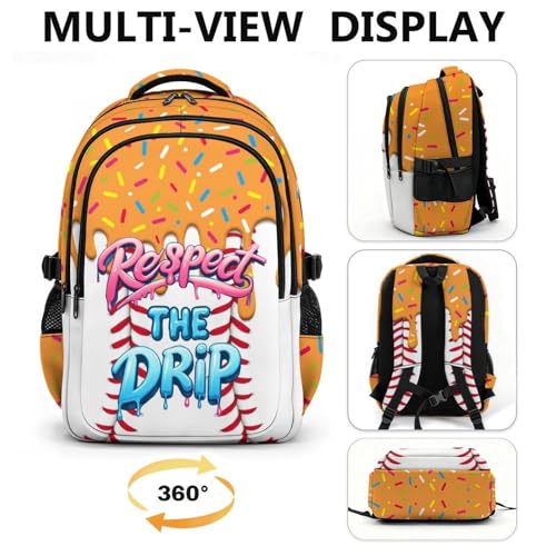 Kids Baseball Drip Backpack for Students, 17 Inch Cool Bookbag for Teenagers Elementary Middle College Students Picnic - color: Orange