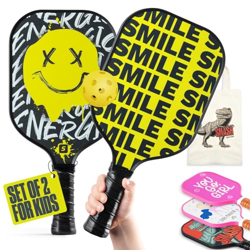 Sportbit Kids Pickleball Paddles Set of 1 or 2 - Child Size Pickleball Paddle for Kids Small and Lightweight - Carbon Fiber Youth Pickleball Paddle Set with Bag for Children Under 12. - color: 2-pack Smile