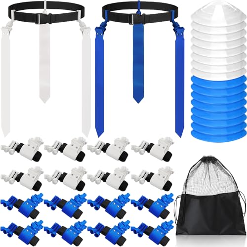 Wettarn 10/16 Player Flag Football Belts Adjustable Flag Football Set with Cones Bag for Youth Adults Kids Training Sport - color: Blue, White