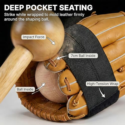 Baseball Glove Break-in Kit - Wooden Mallet, Shaping Ball, Elastic Wrap, Brush & Cloth - Complete Glove Care Set for Softball & Baseball Mitts - Accelerates Break-in & Shapes Pocket