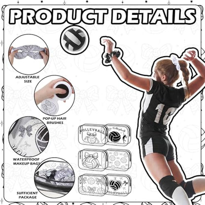 36 Pcs Volleyball Gifts for Girl 12 Black White Volleyball Makeup Bag Bulk Bow Cosmetic Bag Sport Team Gifts with 12 Sport Hair Scrunchies 12 Round Portable Folding Brush Mirror for Team