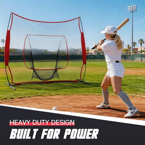 ZENY 5'x5' / 7'×7' Baseball Softball Practice Net Hitting Batting Catching Pitching Training Net with Carry Bag, Baseball Training Equipment - style: 7x7ft- Red Strike Zone