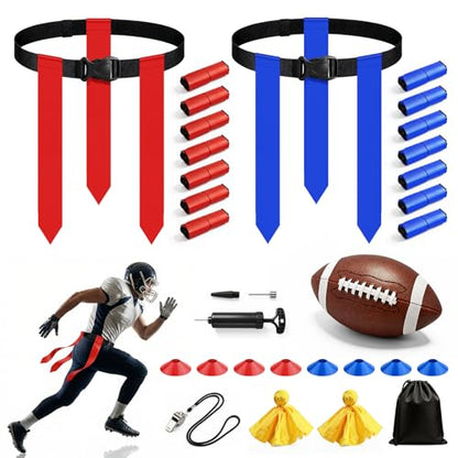 Flag Football Set for 14 Players, Complete 7v7 Game Flag Football Belts Set with Adjustable Belts, Size 6 Ball, Cones & Bag, Perfect for Family Reunions, School P.E. & Recreational Sports