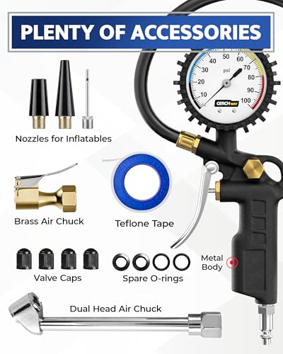 GERCHWAY Tire Inflator with Pressure Gauge – Large Glow Dial, Swivel Air Chuck with Gauge and Air Compressor Accessories – 100 PSI