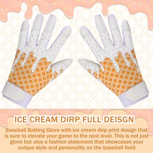 JenPen 1 Pair Youth Ice Cream Drip Batting Gloves 6 Inch Baseball Batting Gloves Long Cuff Leather Ice Cream Drip Pattern Mitt Grip Finger for Softball Teeball Baseball Kids Youth Boys - color: White, size: M Size