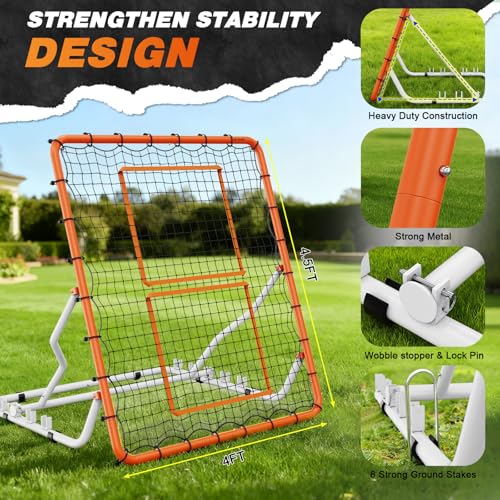 Baseball Rebounder Net 4x4.5FT with 5 Adjustable Angles,Pro Pitch Back Trainer for Volleyball/Softball/Soccer, Solo Practice for Ground, Line Drive & Fly Balls, Durable UV Resistant Net & Ste