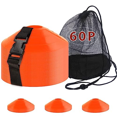 60-Pack Soccer Cones - Agility Flat Disc Cones with Carry Bag & Strap - Small Training Field Markers for Football Basketball Lacrosse - Indoor/Outdoor Sport Drills - color: Orange