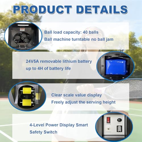 Portable Pickleball Training Machine With Adjustable Speed, Height And Frequency, 40-Ball Capacity, Removable Battery, 4-Hour Battery Life, Suitable For Multiple Modes Of Pickleball Training Equipment