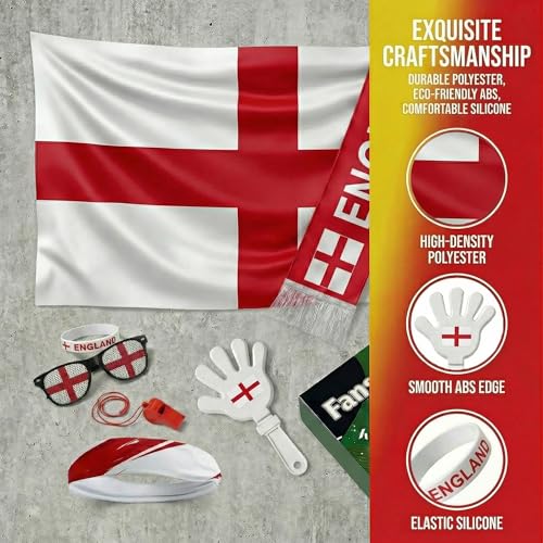 Soccer Fan Gear Set 2026-7 Piece Game Day Kit with Flag, Scarf, Glasses, Whistle, Clapper, Wristband & Headband in Gift Box - Watch Party & Stadium Essentials for England - color: England