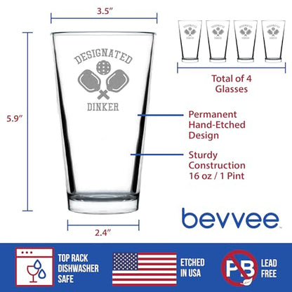 Bevvee Designated Dinker - Pint Glass for Beer - Funny Pickleball Themed Decor and Gifts - Set of 4-16 oz Glasses - style: Set of 4