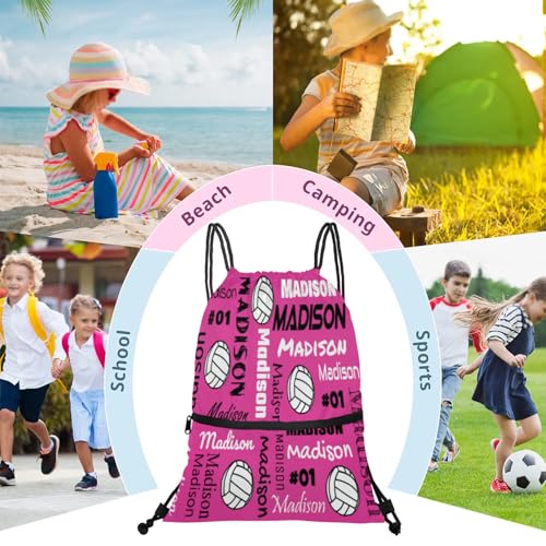 Custom Volleyball Style Drawstring Bag, Personalized Sports Ball Backpack Drawstring Sack Cinch Bags for Team Gift Party Favors, Dark Pink - color: Light Purple