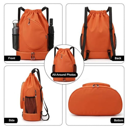 Sports Drawstring Backpack, Badminton Gym Bag Holds 2 Rackets with Shoe Compartment, Off-work, Everyday & Overnight Weekend - color: Orange