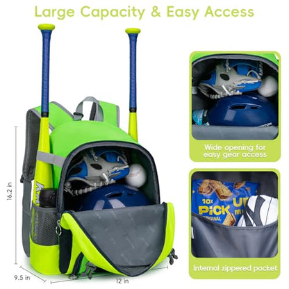 KAVIGOR 2026 Youth Baseball & Softball Bag | Ultra-Light Tball Backpack with Shoe Compartment & Helmet Holder | Skin-Soft Fabric - color: Green