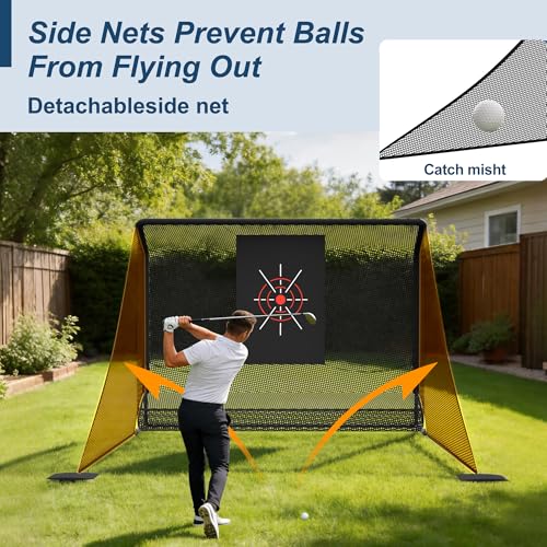 10x7FT Golf Simulator Enclosure Net with Side Barriers - Low-Noise Silk Target, Ball Collection Area, Carry Bag & Sandbags | Indoor/Outdoor Golf Hitting Net for Backyard Driving Chipping