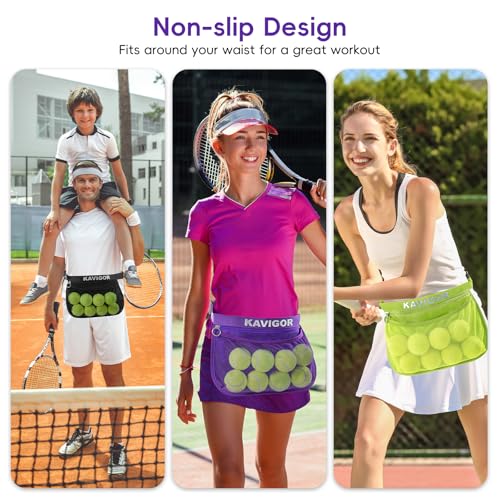 KAVIGOR Tennis & Pickleball Ball Holder Waist Pouch Holds 8-10 Balls, Multi-Functional Sports Belt Bag with Zipper Pocket and Carabiner - color: Purple