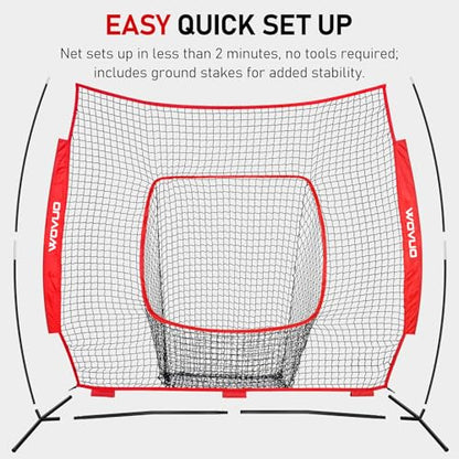 7x7 ft Baseball Net for Batting Pitching Hitting, Softball Pitching Net with Strike Zone, Tee, Ball Caddy, Softball Batting Net Baseball Training Equipment for Kids Adult Youth Sport Practice - color: Red