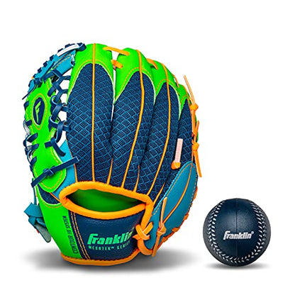 Franklin Sports Kids Baseball Glove + Foam Ball Sets - Meshtek Youth Teeball Gloves for Kids + Toddlers - Left + Right Hand Throw - 9.5" Inch - color: Navy/Lime/Orange