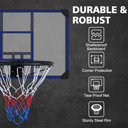 Wall-Mounted Basketball Hoop, 35 X 24 Inches Shatterproof Back, Folding Hoop, Durable and All-Weather Mesh for Indoor and Outdoor Use