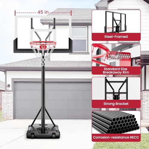 Feelwin Basketball Hoop, Portable Adjustable Height Basketball Goal with Wheels in Driveway, Backyard & Outdoor for Kids Youth and Adults - size: 45in Backboard