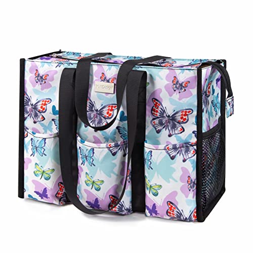 TOPDesign Utility Water Resistant Tote Bag with 13 Pockets, Top Zipper Closure & Thick Bottom Support, for Working Women - color: Butterfly, size: Medium