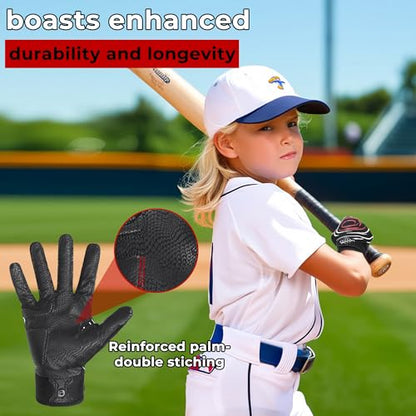 AIGEVTURE Baseball Bating Gloves Adult Youth Baseball Softball Batting Gloves Adult Kids Boys Girls - color: Black-leather, size: Kids X-Small