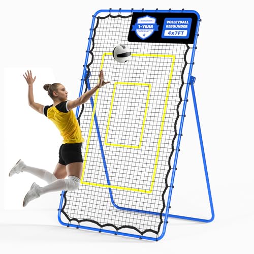 7x4 FT Volleyball Rebounder Net – Adjustable Solo Training Equipment for Backyard, Beach & Outdoor, Heavy-Duty 45-Layer Net with 5 Angles, 4 Ground Stakes & Accuracy Target Belt