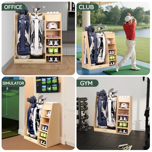 WINGYZ Premium Birch Plywood Golf Bag Storage for 2 Bags | 36lb Rock-Solid Golf Bag Organizer | 7-Shelf Command Center | Artificial Turf 12-Ball Display | No Wall Mounting Required (Natural) - color: Natural