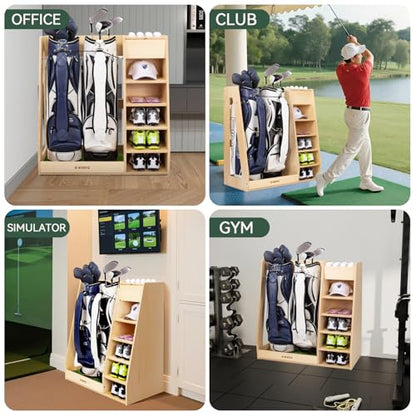WINGYZ Premium Birch Plywood Golf Bag Storage for 2 Bags | 36lb Rock-Solid Golf Bag Organizer | 7-Shelf Command Center | Artificial Turf 12-Ball Display | No Wall Mounting Required (Natural) - color: Natural