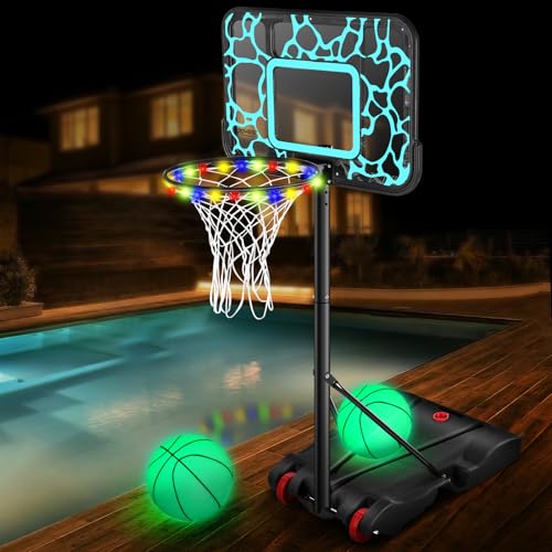 Pool Basketball Hoop 7-Height Adjustable Swimming Pool Basketball - Water Basketball Goals System with PC Shatterproof Backboard & 2 Balls, Outdoor Pool Accessories, Portable Basketball Hoop with LED