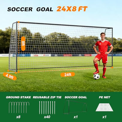 NAIZEA Soccer Goals - 24x8/21x7/18x7/12x6/16x7/10x6/8x6/6x4FT Soccer Goals for Backyard Training- Portable Metal Soccer Net for Youth & Adults - Heavy Duty Steel for Indoor Outdoor Games & Practice - size: 24ft x 8ft, style: Trainer-Black/Steel