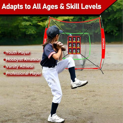 7x7 ft Baseball & Softball Practice Net with 9 Numbered Strike Zone | PRO Training Net for Hitting, Pitching & Batting | with Carry Bag, Bow Frame for All Ages & Skills - color: red