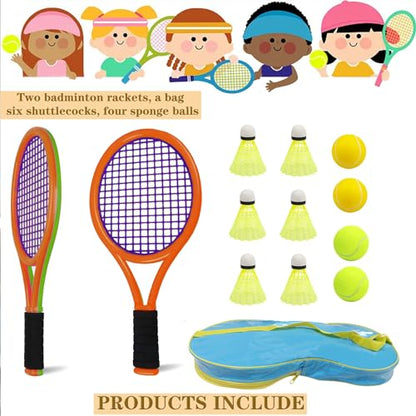 Kids Tennis Racket for Baby,Child and Kids Age 3~15,Toddler Tennis Racket Set Including 4 Shuttlecocks,2 Tennis Balls,2 Foam Balls and 1 Carrying Bag - color: Deep Orange-Green
