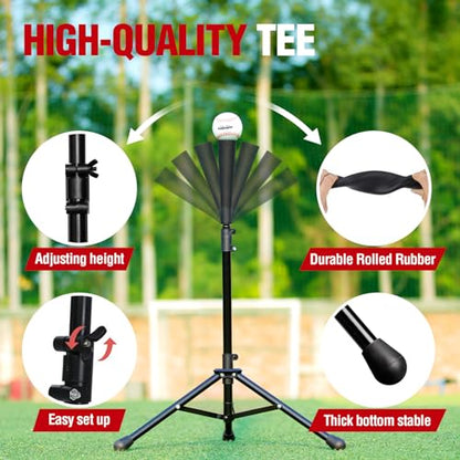 Zupapa Baseball Softball Practice Combo - 7 X 7 Feet Net Tee Caddy 12 Pack Baseballs Set, Upgraded Vivid Strike Zone, Baseball Backstop Practice Net for Hitting Pitching Batting Catching - color: Red