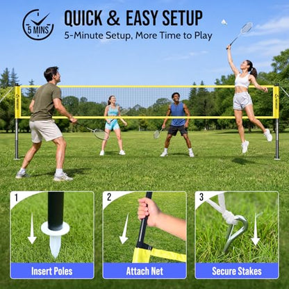 Badminton Set for Backyard, Outdoor Badminton Net with Anti-Sag Design, 4 Professional Badminton Rackets, 4 Shuttlecocks and Carry Bag for Lawn or Beach