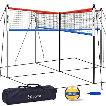 GOOX 4 Square Volleyball Net Game Set, 14 FT 4-Way Volleyball Net for Backyard Beach Lawn, Portable Four Square Volleyball Net for Adults & Youths with Vollyball, Pump, Carry Bag - color: red and blue