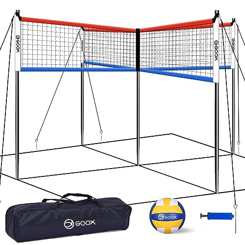 GOOX 4 Square Volleyball Net Game Set, 14 FT 4-Way Volleyball Net for Backyard Beach Lawn, Portable Four Square Volleyball Net for Adults & Youths with Vollyball, Pump, Carry Bag - color: red and blue