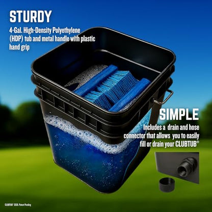 Golf Club Cleaner. 4-Gallon Tub with Dual 9.5" Stiff Polybutylene Scrubbing Brushes, 5-Inch Lid Hole, Hose Connector and Drain with Metal Handle