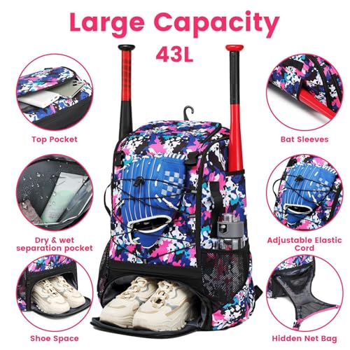 Baseball Backpack Bag | Waterproof Softball Bat Bag With Shoe Compartment, Helmet Holder & Fence Hook | Lightweight Sports Equipment Backpack For Bat, Glove, Ball & Training Gear